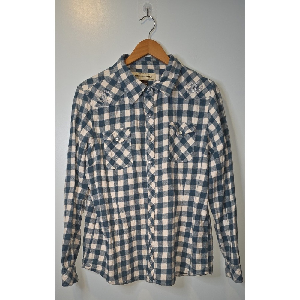 Bit & Bridle Women's Pearl Snap Western Flannel Shirt Teal & White Sz XL Cowgirl